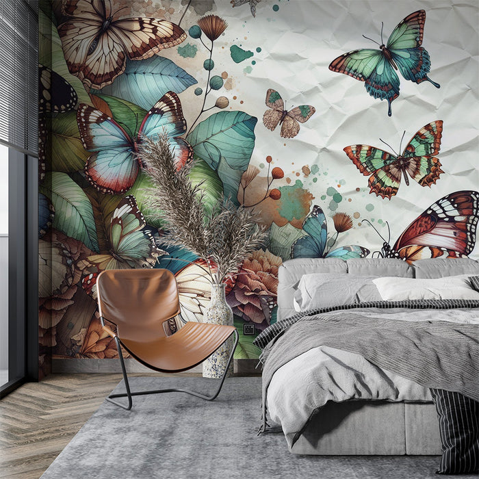 Butterfly Mural Wallpaper | Pleated Leaf Background with Foliage and Butterflies