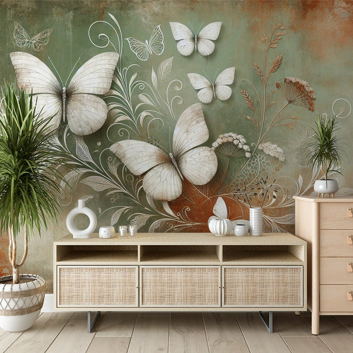 Butterfly Mural Wallpaper | Vintage Aged Rusty Background with White Butterflies