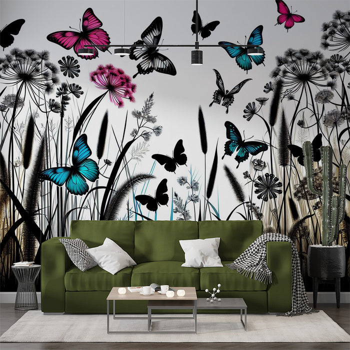 Butterfly Mural Wallpaper | Black and White Herbs with Brightly Colored Butterflies