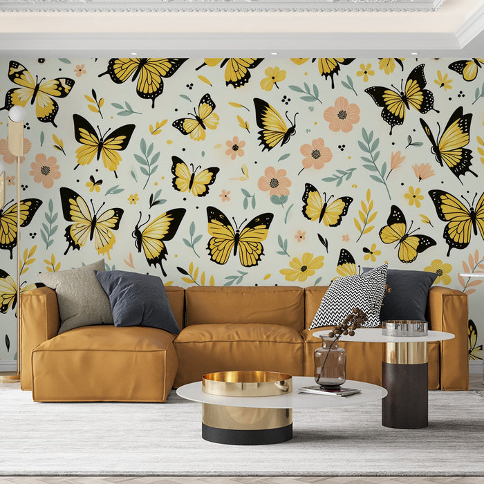 Butterfly Mural Wallpaper | Bright Yellow with Pink Flowers and Foliage