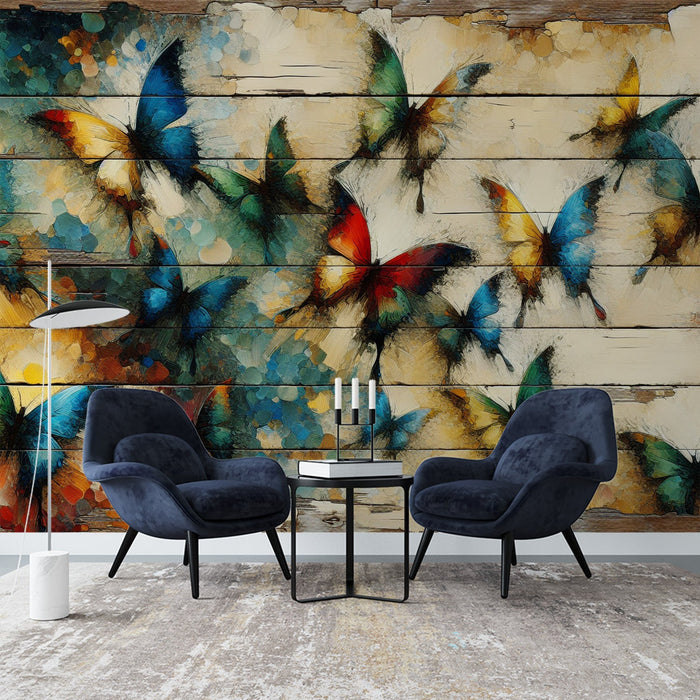 Butterfly Mural Wallpaper | Wood Planks with Painted Butterflies