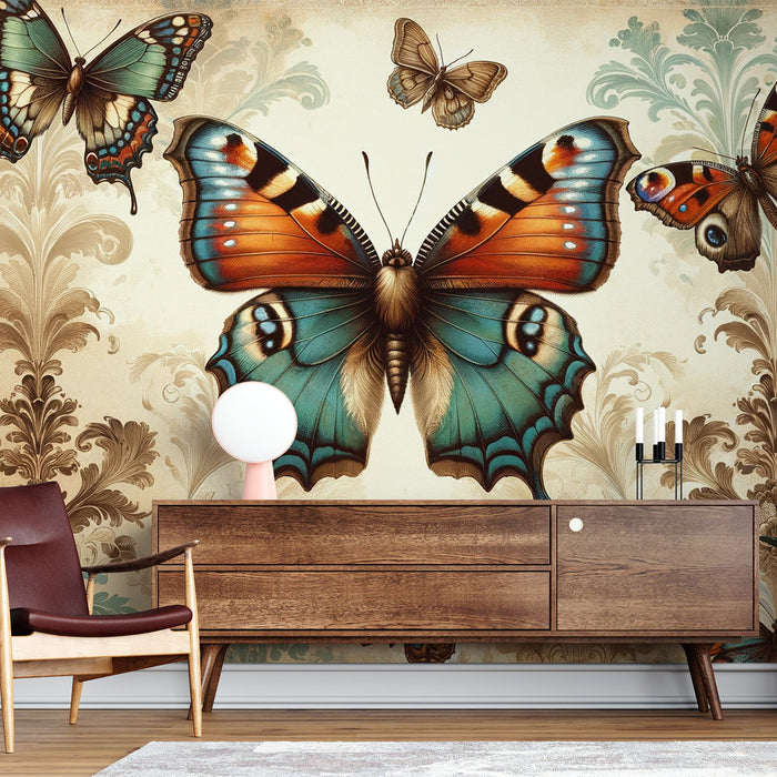 Butterfly Mural Wallpaper | Vintage with Fleur-de-lis