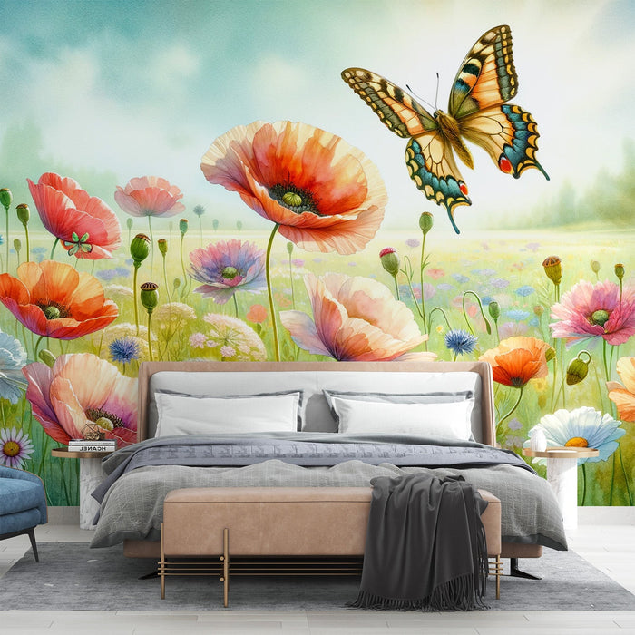 Watercolor butterfly Mural Wallpaper | Field flowers