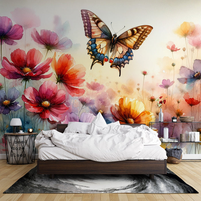 Watercolor butterfly Mural Wallpaper | Field flowers and majestic butterfly