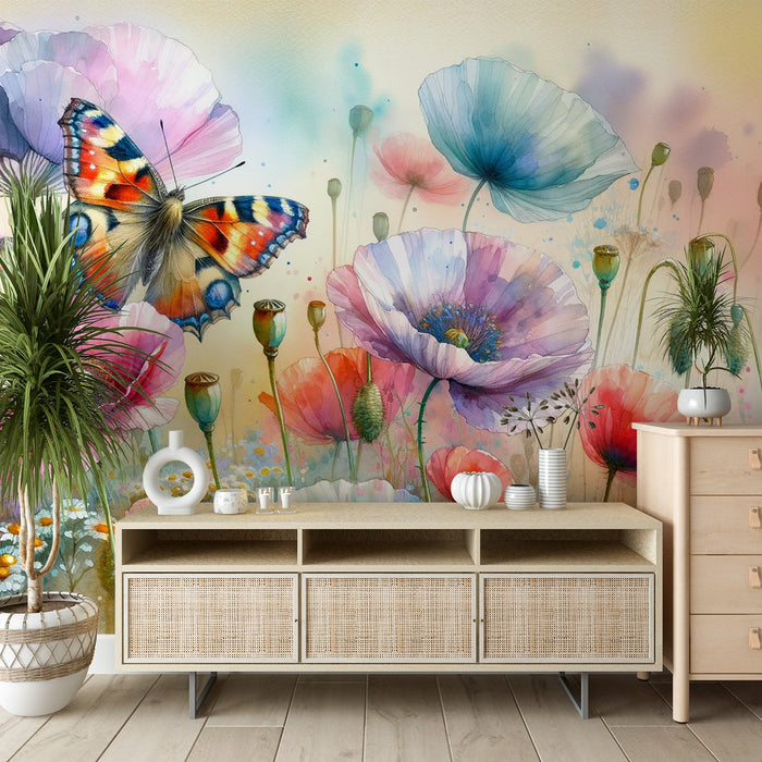 Watercolor butterfly Mural Wallpaper | Flowers and buds