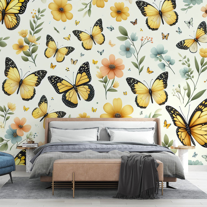 Yellow and Black Butterfly Mural Wallpaper | Colorful Flowers