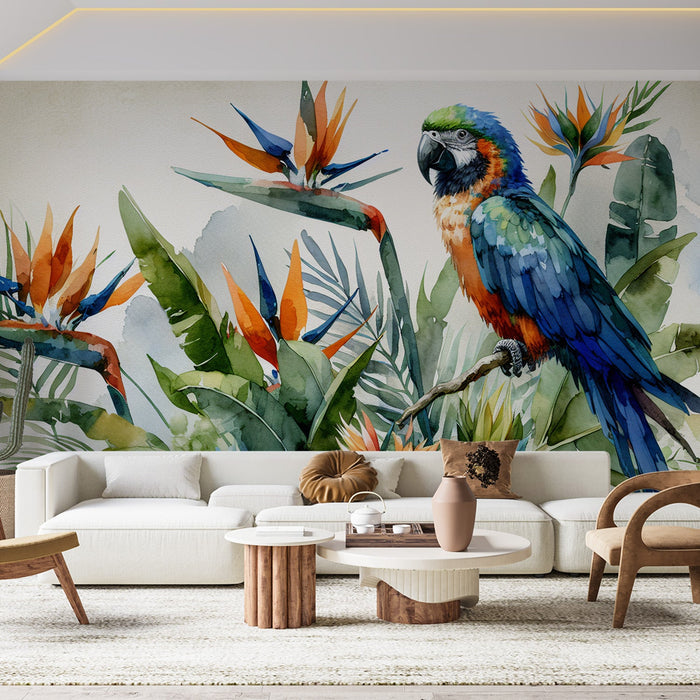 Parrot Mural Wallpaper | Colorful Blue and Green Watercolor on Vintage Background