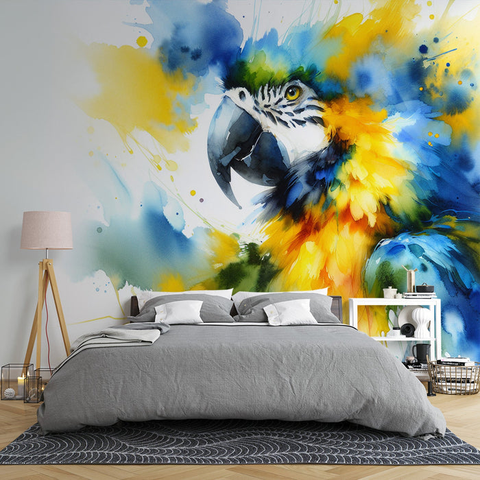 Parrot Mural Wallpaper | Watercolor of a Yellow and Blue Parrot Portrait