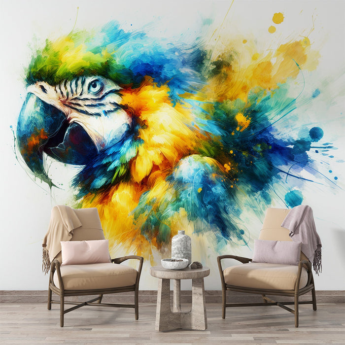 Parrot Mural Wallpaper | Yellow, Blue, and Green Watercolor Design