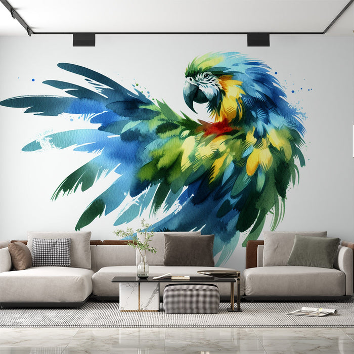 Parrot Mural Wallpaper | Majestic Yellow and Blue Watercolor on White Background