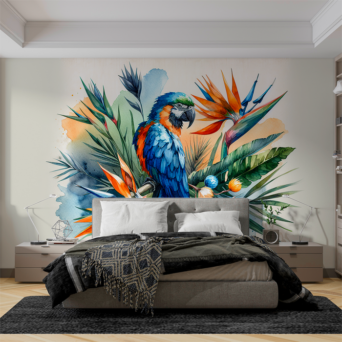 Parrot Mural Wallpaper | Colorful Tropical Watercolor on Its Branch