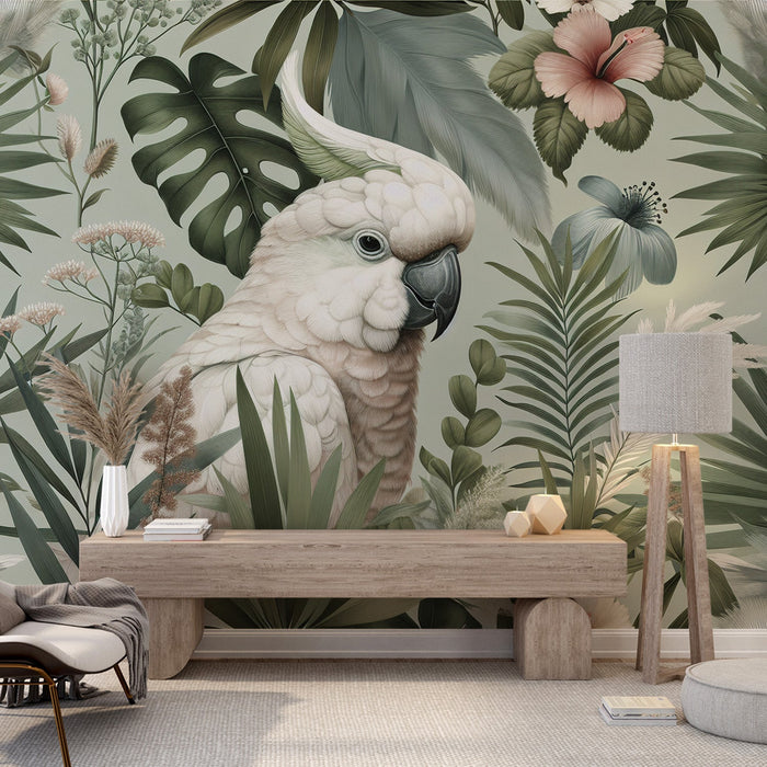 Parrot Mural Wallpaper | White Cockatoo Amidst Tropical Foliage