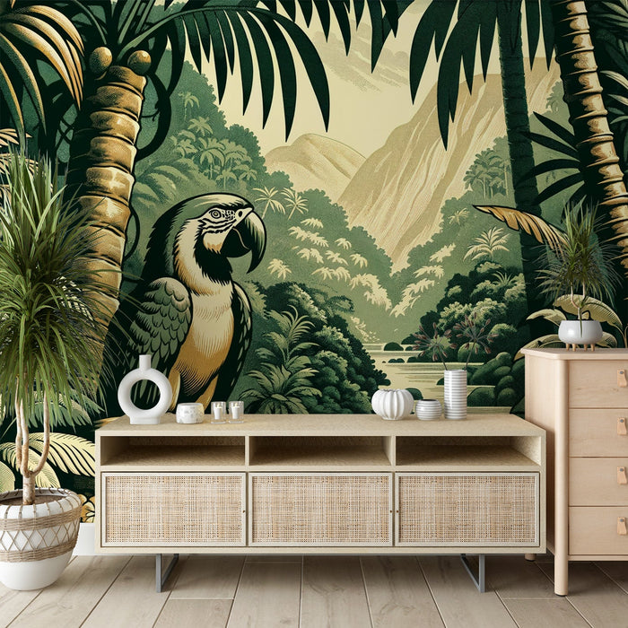 Parrot Mural Wallpaper | Palm Trees, Mountains, and River