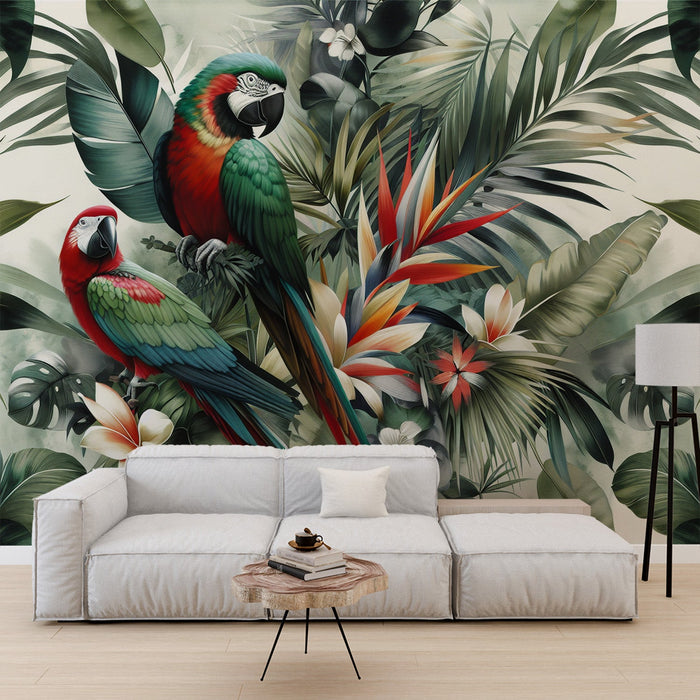 Parrot Mural Wallpaper | Couple in a Tropical Foliage Forest