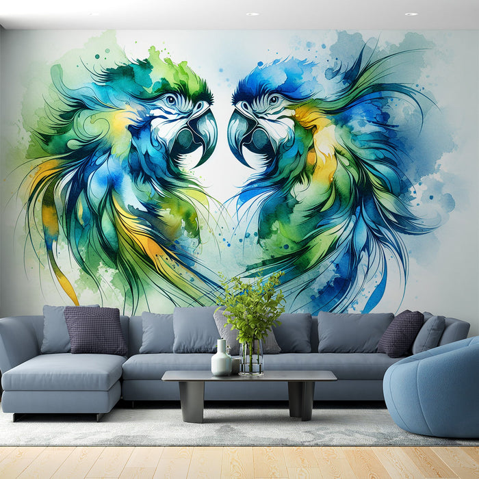 Parrot Mural Wallpaper | Colorful Watercolor Couple tête-à-tête