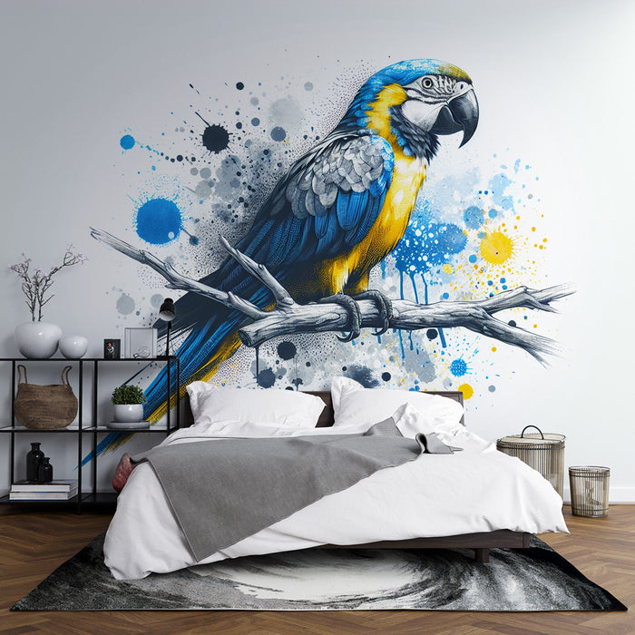 Parrot Mural Wallpaper | Design on Its Branch in Yellow and Blue