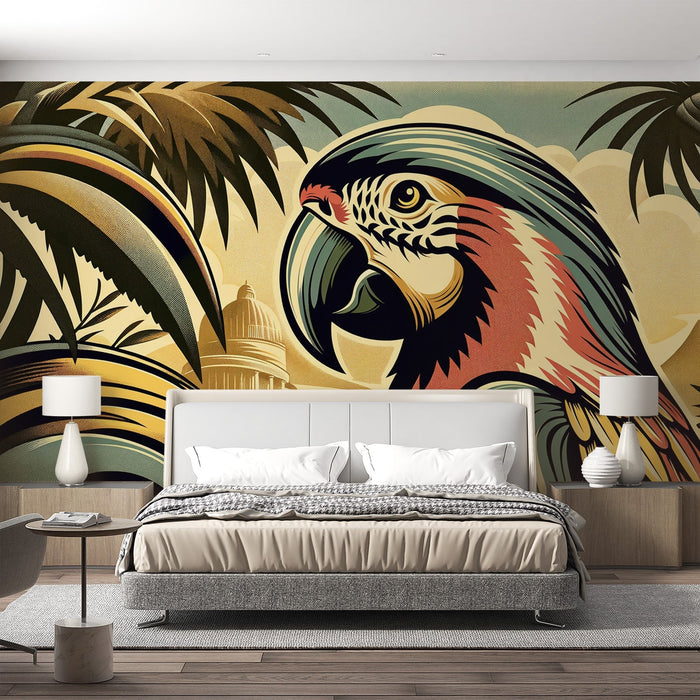 Parrot Mural Wallpaper | Foliage and Monument in Neutral Tones