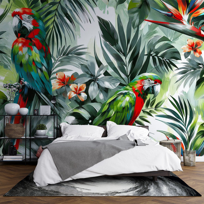 Parrot Mural Wallpaper | Tropical Foliage and Green and Red Parrot Couple