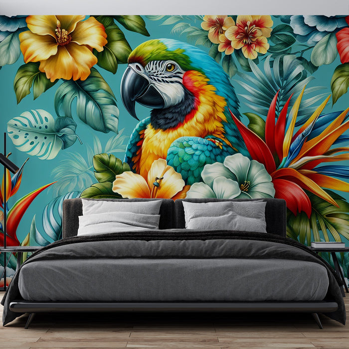 Parrot Mural Wallpaper | Vintage and Colorful Floral on Blue Background