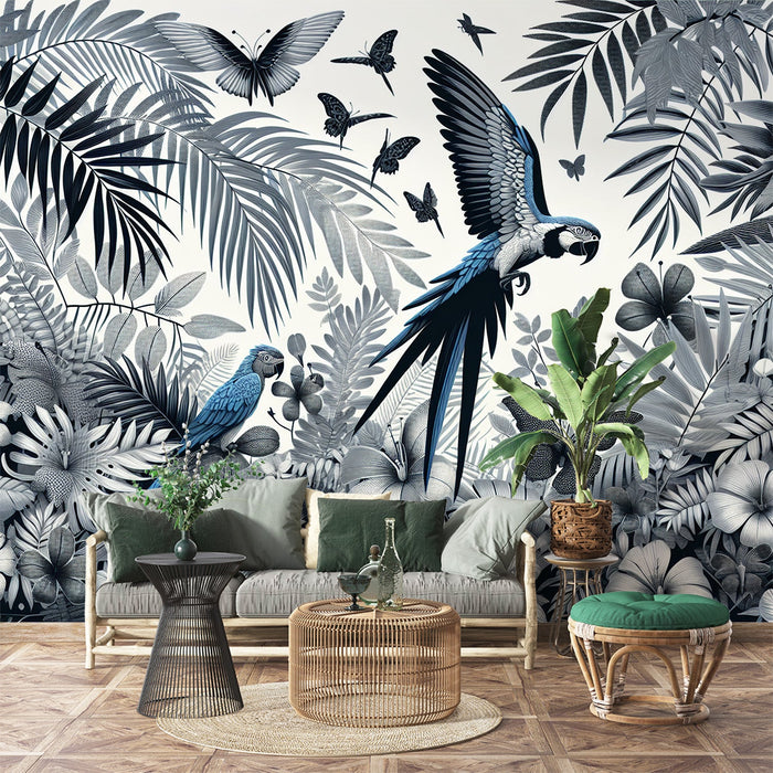 Parrot Mural Wallpaper | Black and White Jungle with a Touch of Blue