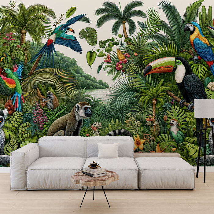 Parrot Mural Wallpaper | Tropical Jungle with Toucans, Monkeys, and Parrots