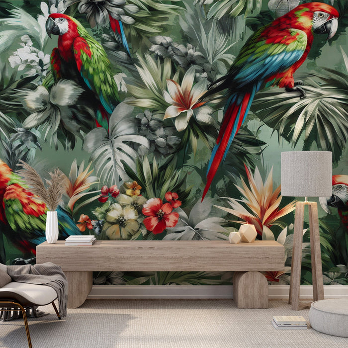 Papel de parede do mural do papagaio | Selva tropical e papagaios coloridos vibrantes