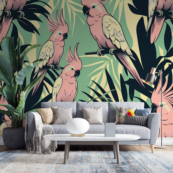 Papagei Tapete | Wiederholendes Art-Deco-Muster in Rosa und Gelb