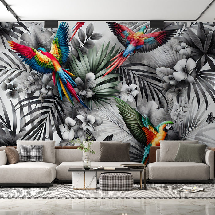 Papegaai Fotobehang | Kleurrijke vogels en zwart-witte tropische bladeren