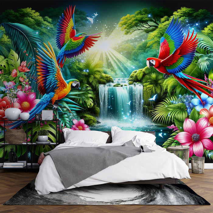 Papel de parede com mural de papagaio | Paisagem de papagaio e cachoeira