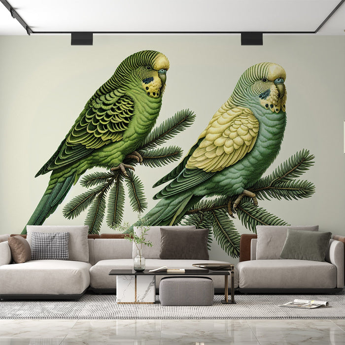 Papel de parede com mural de papagaios | Passarinhos em seus galhos de pinheiro
