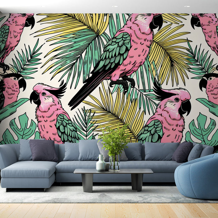 Parrot Mural Wallpaper | Pink, Green, and Yellow Retro Style