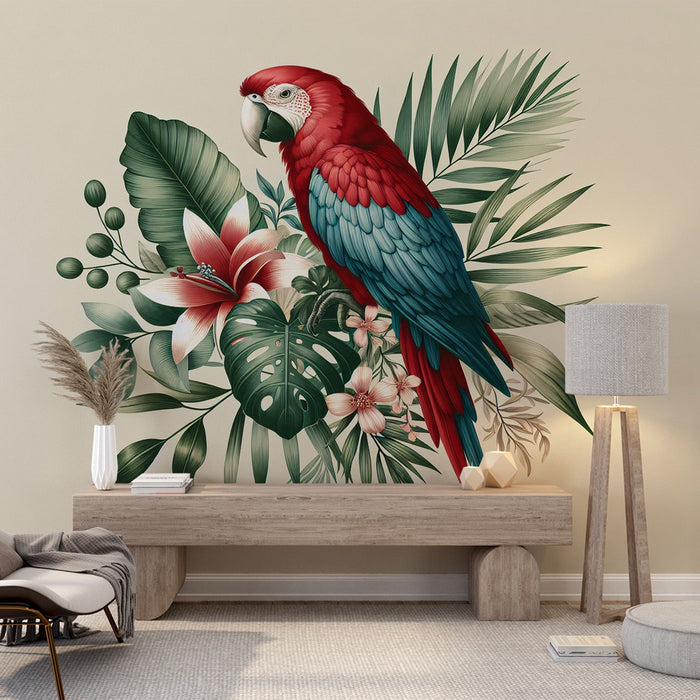 Parrot Mural Wallpaper | Red and Blue on Its Green Foliage