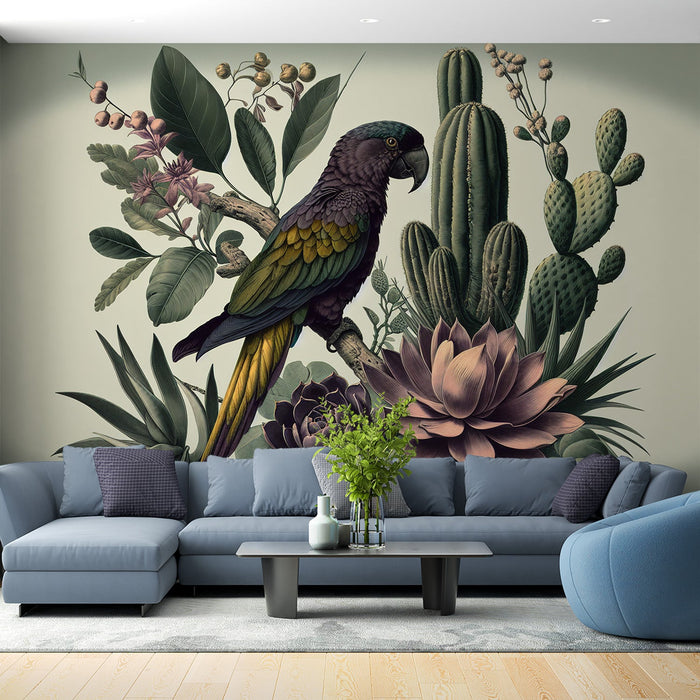 Parrot Mural Wallpaper | Dark on Its Branch Surrounded by Cacti