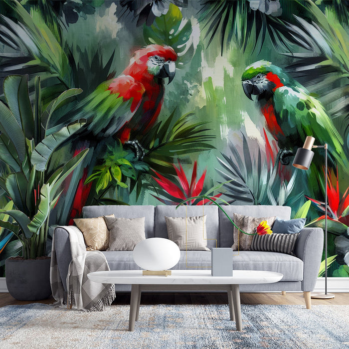 Parrot Mural Wallpaper | Red and Green Pastel Tones in the Tropical Jungle