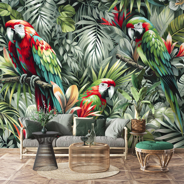 Parrot Mural Wallpaper | Three Parrots Lost in the Tropics