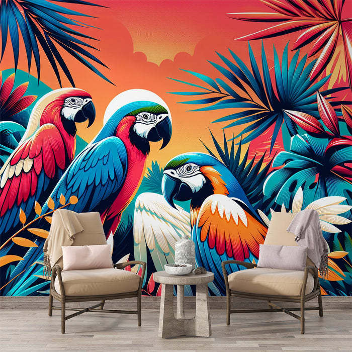 Parrot Mural Wallpaper | Colorful Retro Tropical