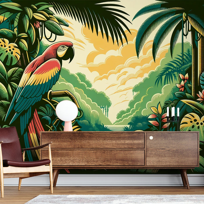 Parrot Mural Wallpaper | Cloudy Valley and Foliage