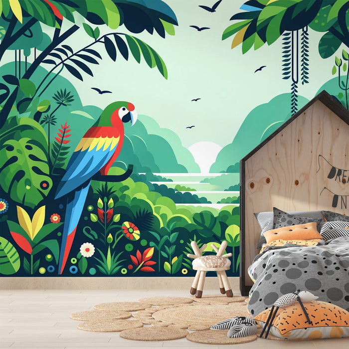 Child Parrot Mural Wallpaper | Colorful Jungle and Sunset