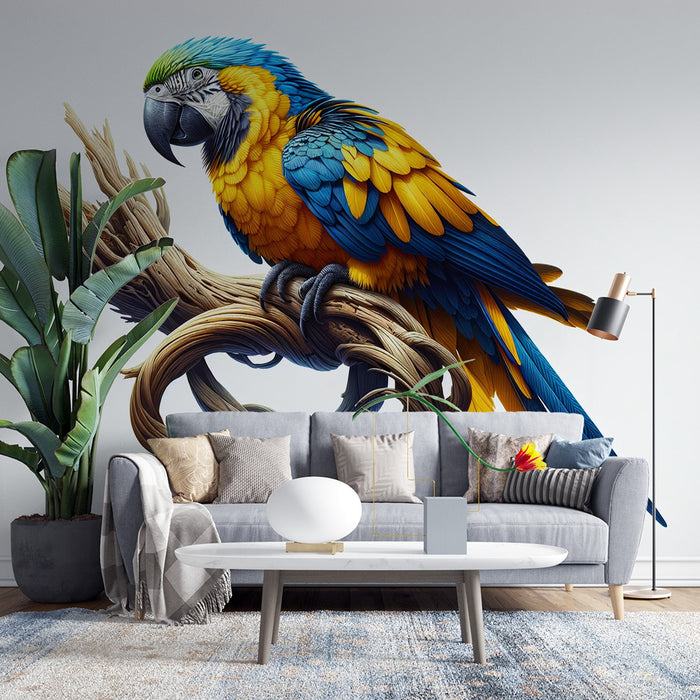 Papel de parede mural com papagaio amarelo e azul | Em seu galho