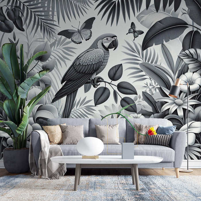 Black and White Parrot Mural Wallpaper | Flowered Jungle with Parrot and Butterflies