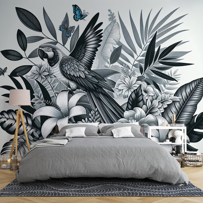 Black and White Parrot Mural Wallpaper | Blue Butterflies