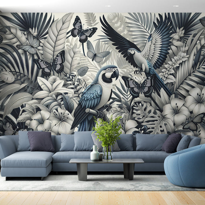 Black and White Parrot Mural Wallpaper | Blue-Backed Parrots and Butterflies