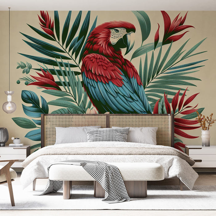 Red and Blue Parrot Mural Wallpaper | Colorful Foliage and Flowers