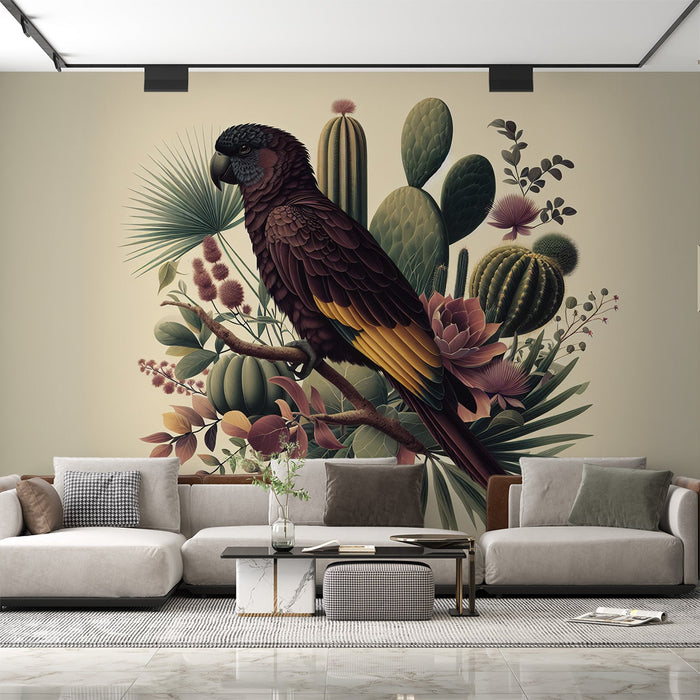 Dark Parrot Mural Wallpaper | Cactus Hamlet and Foliage