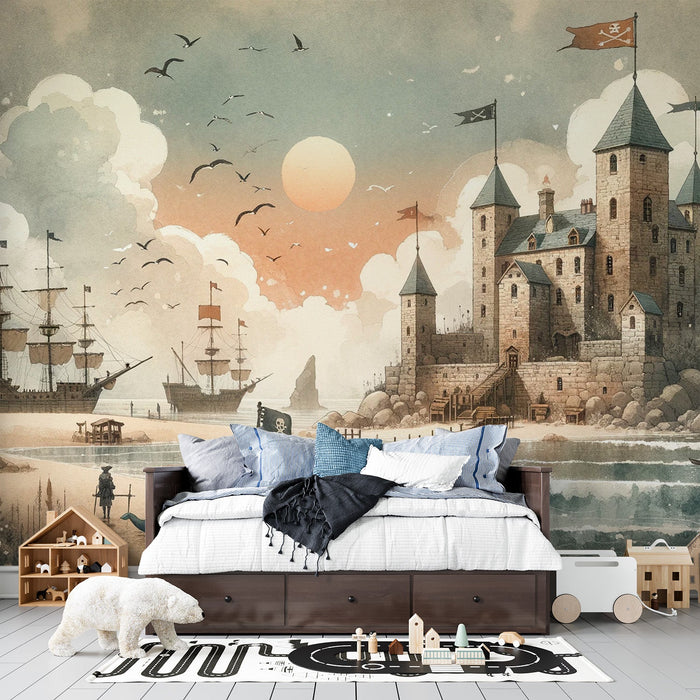 Pirate Mural Wallpaper | Realistic Watercolor of a Pirate Castle