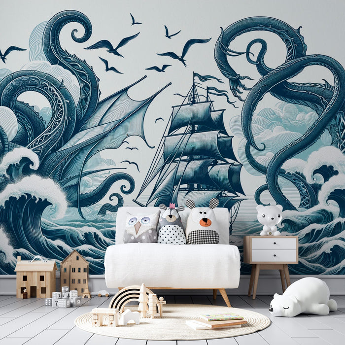 Pirate Mural Wallpaper | Kraken Attack