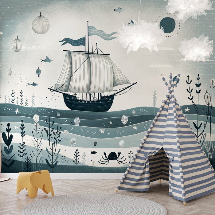 Pirate Mural Wallpaper | Calm Sea and Crustaceans