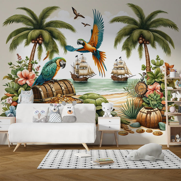 Pirate Mural Wallpaper | Parrots and Turtle Around the Treasure