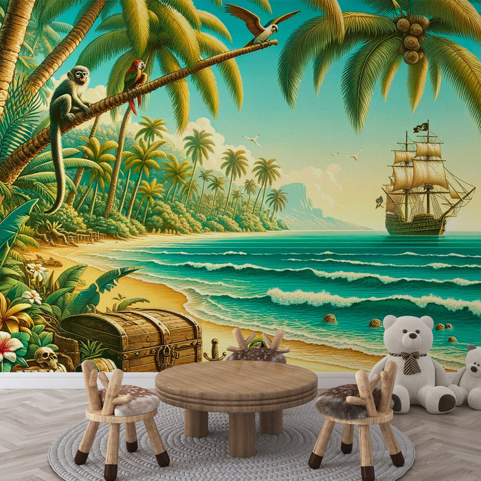 Pirate Mural Wallpaper | Monkey and Parrot Under the Coconut Trees