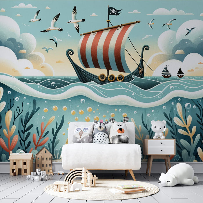 Pirate Mural Wallpaper | Underwater Treasure and Crustacean